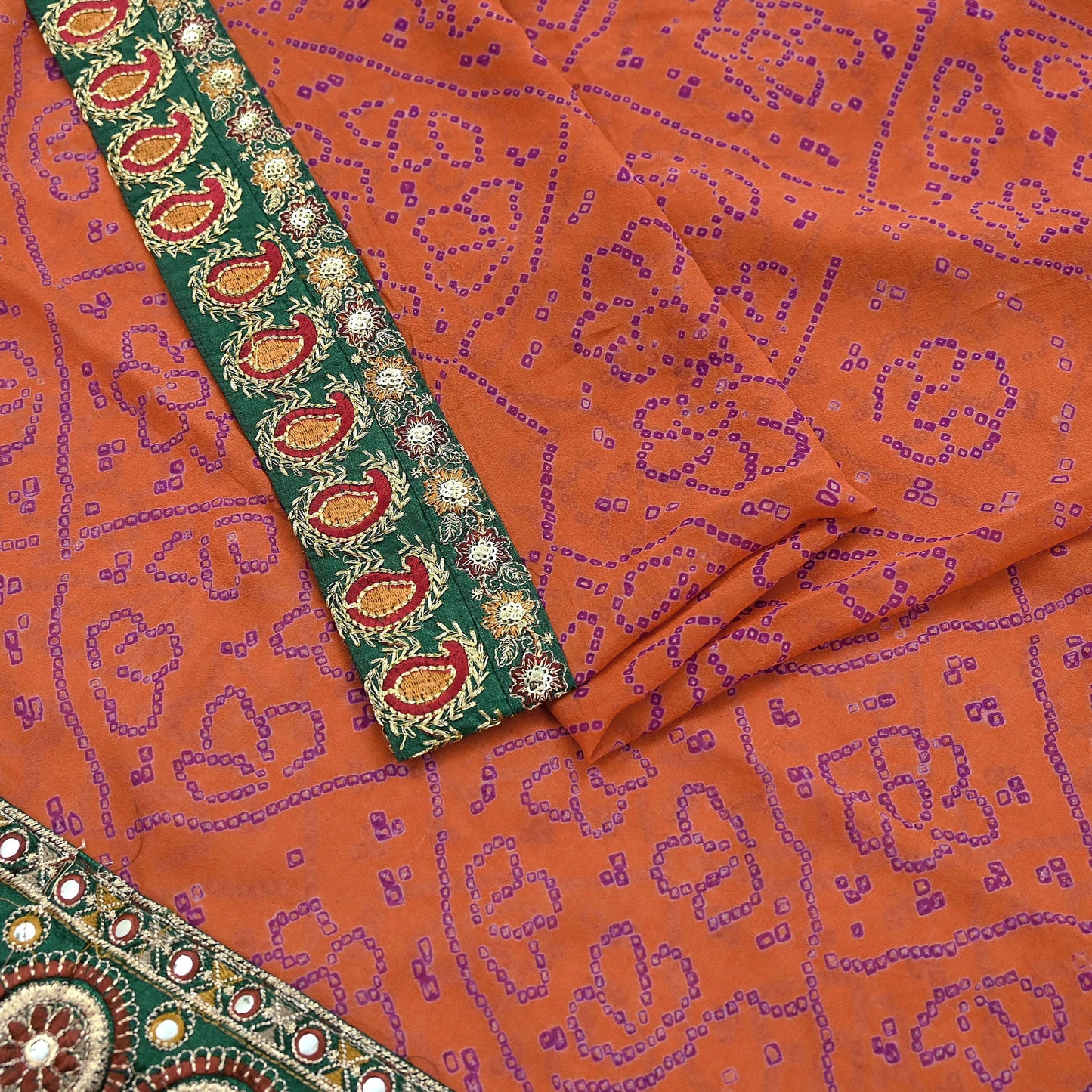 Indian Vintage Orange Saree Pure Georgette Silk Hand Embroidered Bandhani Printed Sari Craft Fabric 5yd Soft Sequins Dress making Crafting