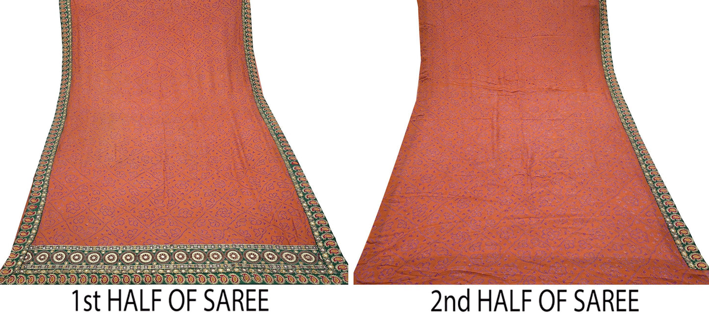 Indian Vintage Orange Saree Pure Georgette Silk Hand Embroidered Bandhani Printed Sari Craft Fabric 5yd Soft Sequins Dress making Crafting
