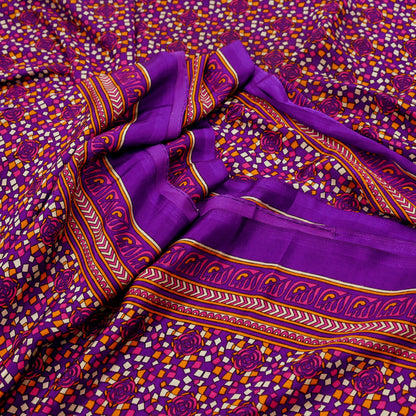 Indian Vintage Purple Moss Crepe Saree Printed Floral Sari Fabric 6 Yards Soft Craft Fabric for Sewing, Dressmaking, Quilting,Upcycling