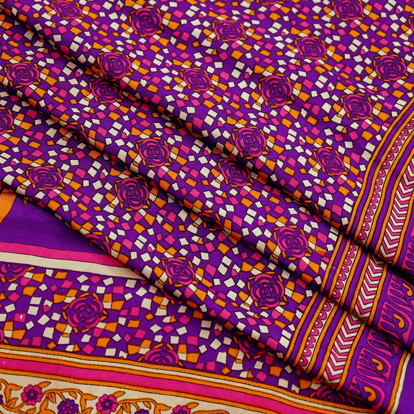 Indian Vintage Purple Moss Crepe Saree Printed Floral Sari Fabric 6 Yards Soft Craft Fabric for Sewing, Dressmaking, Quilting,Upcycling