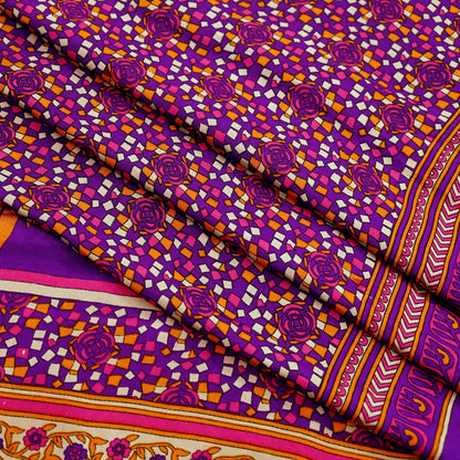 Indian Vintage Purple Moss Crepe Saree Printed Floral Sari Fabric 6 Yards Soft Craft Fabric for Sewing, Dressmaking, Quilting,Upcycling