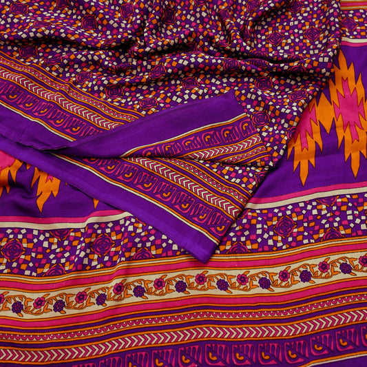 Indian Vintage Purple Moss Crepe Saree Printed Floral Sari Fabric 6 Yards Soft Craft Fabric for Sewing, Dressmaking, Quilting,Upcycling