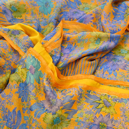 Indian Vintage Sari Orange Pure Chiffon Silk Printed Sarees Craft Fabric Sewing 5Yard Soft Light Sari Dress Making Quilting Upcycle Crfating