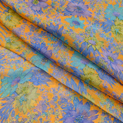 Indian Vintage Sari Orange Pure Chiffon Silk Printed Sarees Craft Fabric Sewing 5Yard Soft Light Sari Dress Making Quilting Upcycle Crfating