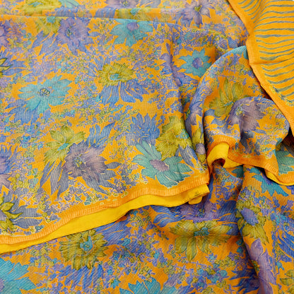 Indian Vintage Sari Orange Pure Chiffon Silk Printed Sarees Craft Fabric Sewing 5Yard Soft Light Sari Dress Making Quilting Upcycle Crfating