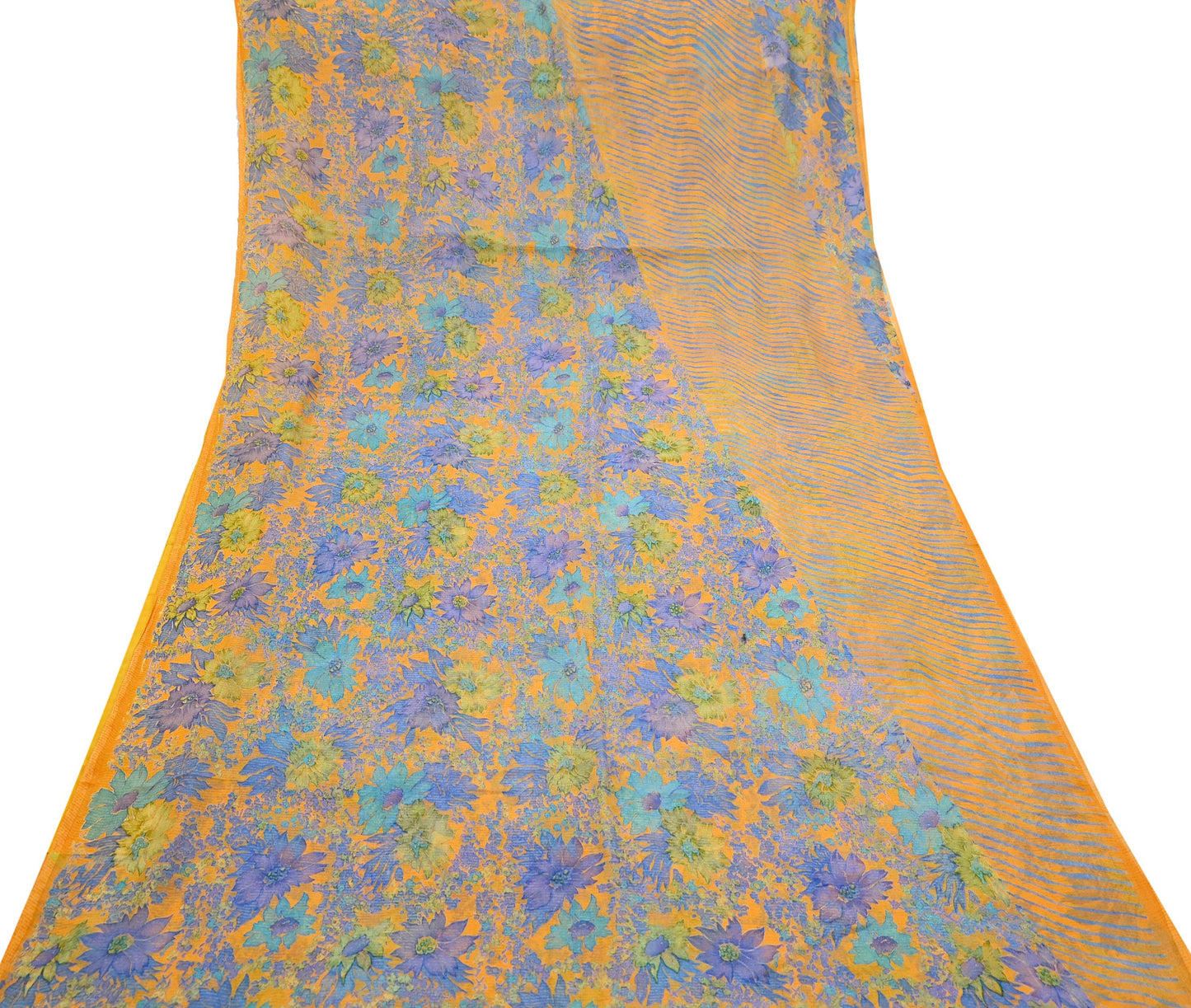 Indian Vintage Sari Orange Pure Chiffon Silk Printed Sarees Craft Fabric Sewing 5Yard Soft Light Sari Dress Making Quilting Upcycle Crfating