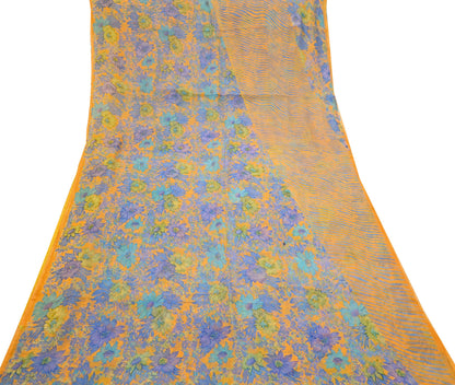 Indian Vintage Sari Orange Pure Chiffon Silk Printed Sarees Craft Fabric Sewing 5Yard Soft Light Sari Dress Making Quilting Upcycle Crfating