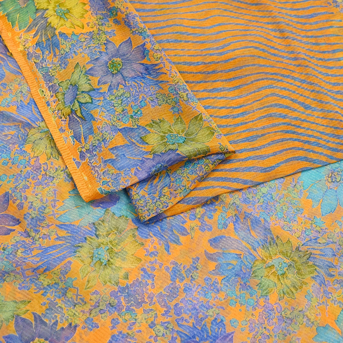 Indian Vintage Sari Orange Pure Chiffon Silk Printed Sarees Craft Fabric Sewing 5Yard Soft Light Sari Dress Making Quilting Upcycle Crfating