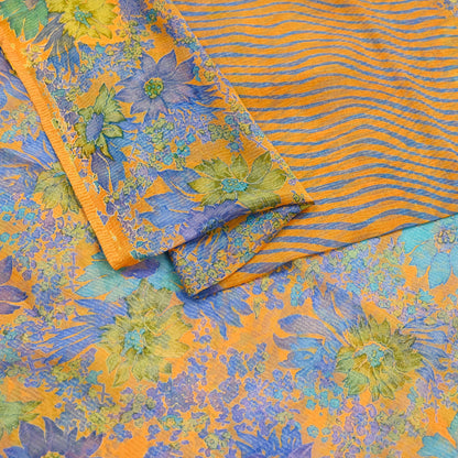 Indian Vintage Sari Orange Pure Chiffon Silk Printed Sarees Craft Fabric Sewing 5Yard Soft Light Sari Dress Making Quilting Upcycle Crfating