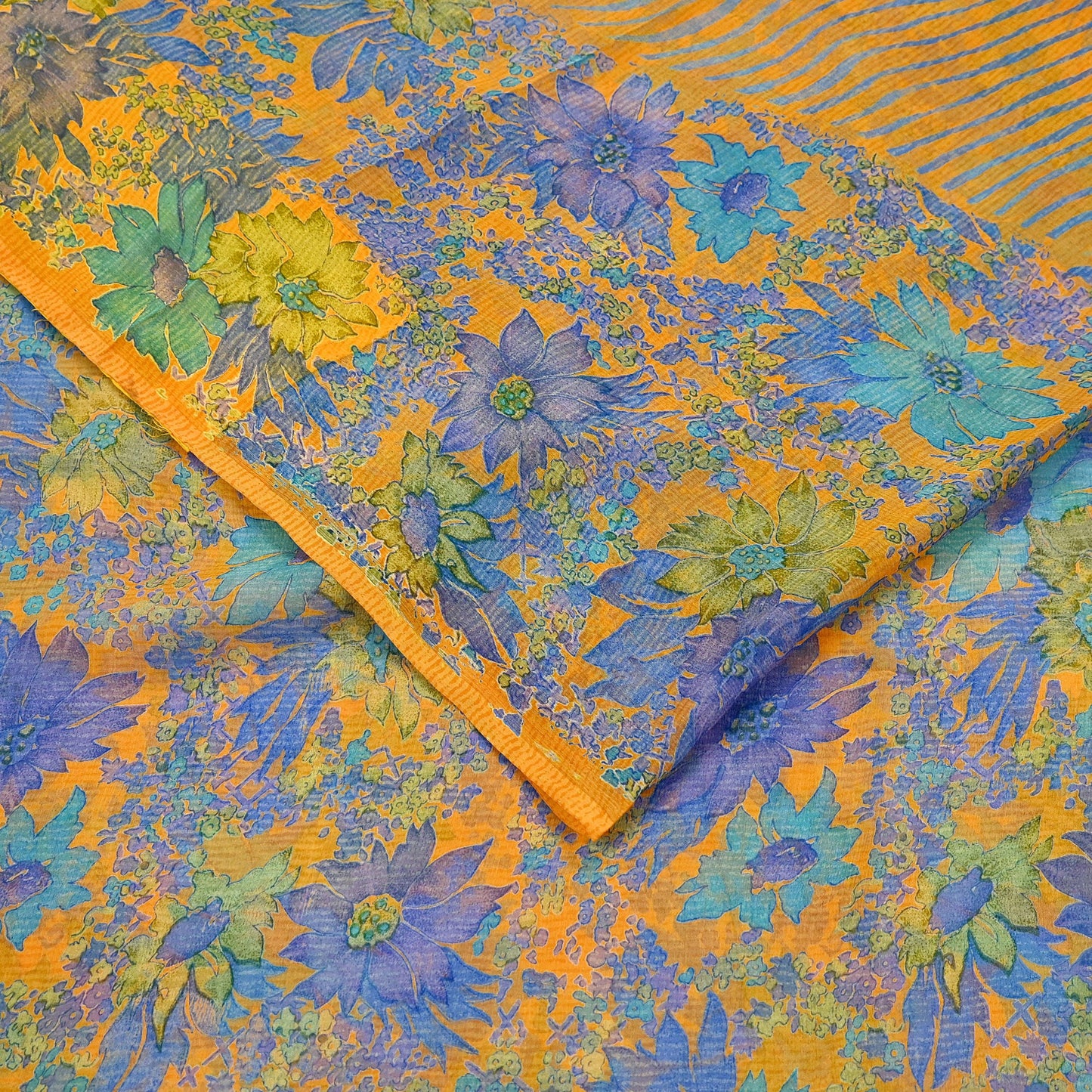 Indian Vintage Sari Orange Pure Chiffon Silk Printed Sarees Craft Fabric Sewing 5Yard Soft Light Sari Dress Making Quilting Upcycle Crfating