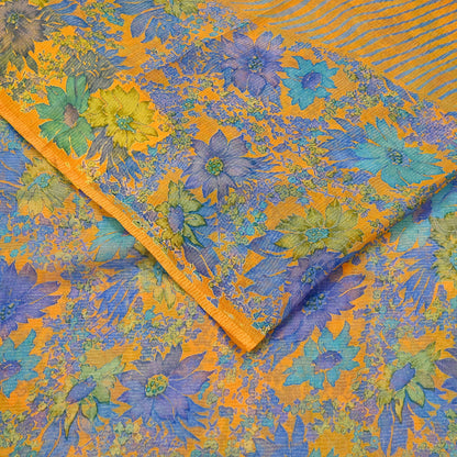 Indian Vintage Sari Orange Pure Chiffon Silk Printed Sarees Craft Fabric Sewing 5Yard Soft Light Sari Dress Making Quilting Upcycle Crfating