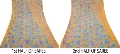 Indian Vintage Sari Orange Pure Chiffon Silk Printed Sarees Craft Fabric Sewing 5Yard Soft Light Sari Dress Making Quilting Upcycle Crfating