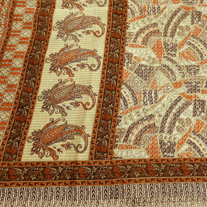 Indian Vintage Sari Brown & Beige 100% Pure Silk Printed Saree 6yd Sewing Craft Fabric DressMaking Wrap Abstract For Crafting Quilting
