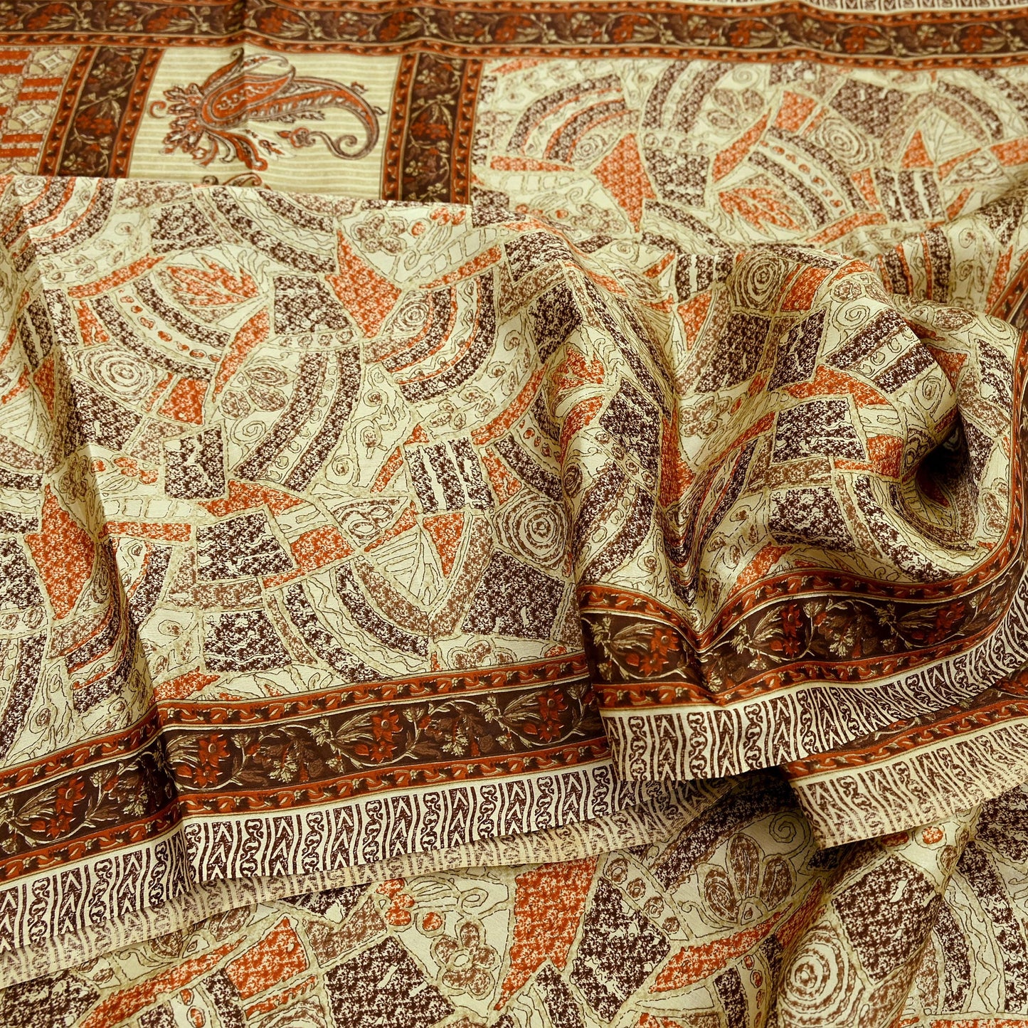 Indian Vintage Sari Brown & Beige 100% Pure Silk Printed Saree 6yd Sewing Craft Fabric DressMaking Wrap Abstract For Crafting Quilting