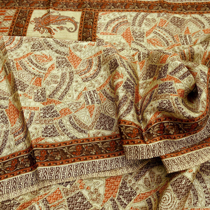 Indian Vintage Sari Brown & Beige 100% Pure Silk Printed Saree 6yd Sewing Craft Fabric DressMaking Wrap Abstract For Crafting Quilting