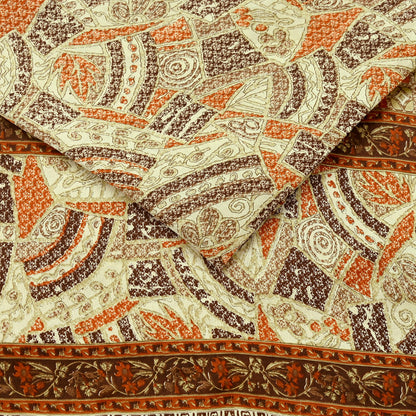 Indian Vintage Sari Brown & Beige 100% Pure Silk Printed Saree 6yd Sewing Craft Fabric DressMaking Wrap Abstract For Crafting Quilting