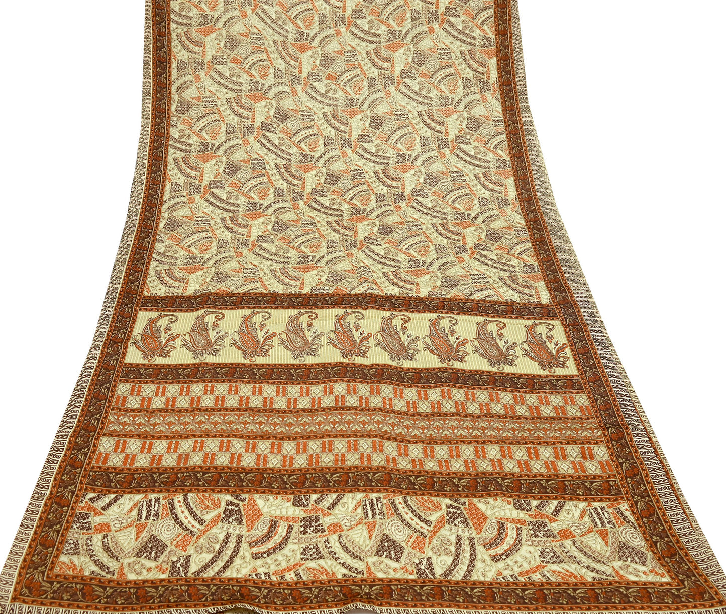 Indian Vintage Sari Brown & Beige 100% Pure Silk Printed Saree 6yd Sewing Craft Fabric DressMaking Wrap Abstract For Crafting Quilting