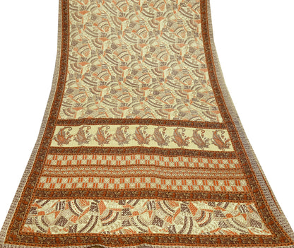 Indian Vintage Sari Brown & Beige 100% Pure Silk Printed Saree 6yd Sewing Craft Fabric DressMaking Wrap Abstract For Crafting Quilting