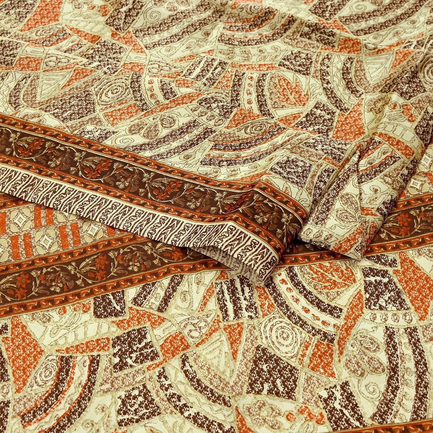Indian Vintage Sari Brown & Beige 100% Pure Silk Printed Saree 6yd Sewing Craft Fabric DressMaking Wrap Abstract For Crafting Quilting