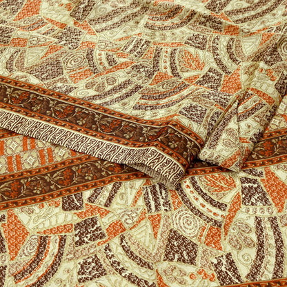 Indian Vintage Sari Brown & Beige 100% Pure Silk Printed Saree 6yd Sewing Craft Fabric DressMaking Wrap Abstract For Crafting Quilting