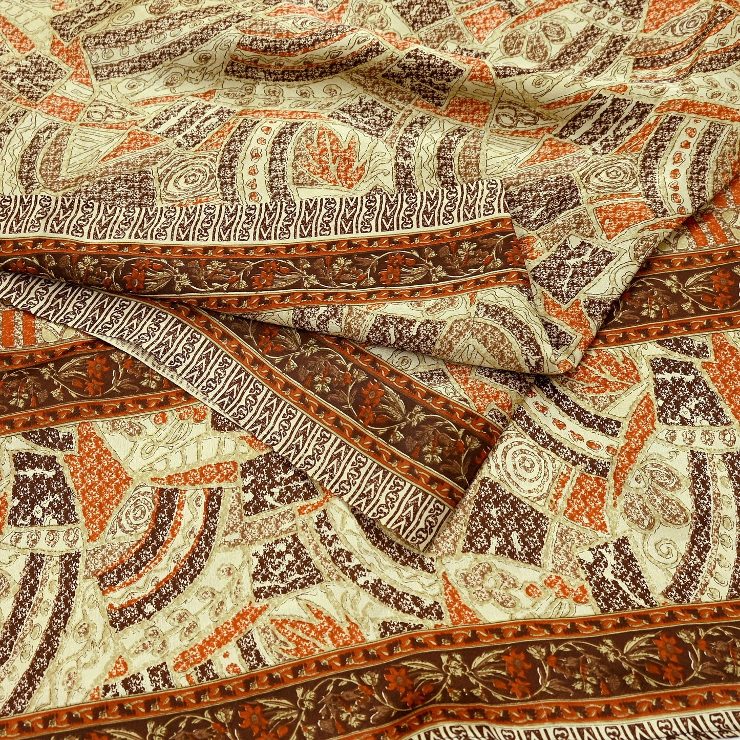 Indian Vintage Sari Brown & Beige 100% Pure Silk Printed Saree 6yd Sewing Craft Fabric DressMaking Wrap Abstract For Crafting Quilting