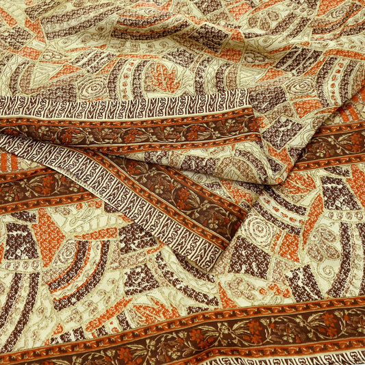 Indian Vintage Sari Brown & Beige 100% Pure Silk Printed Saree 6yd Sewing Craft Fabric DressMaking Wrap Abstract For Crafting Quilting