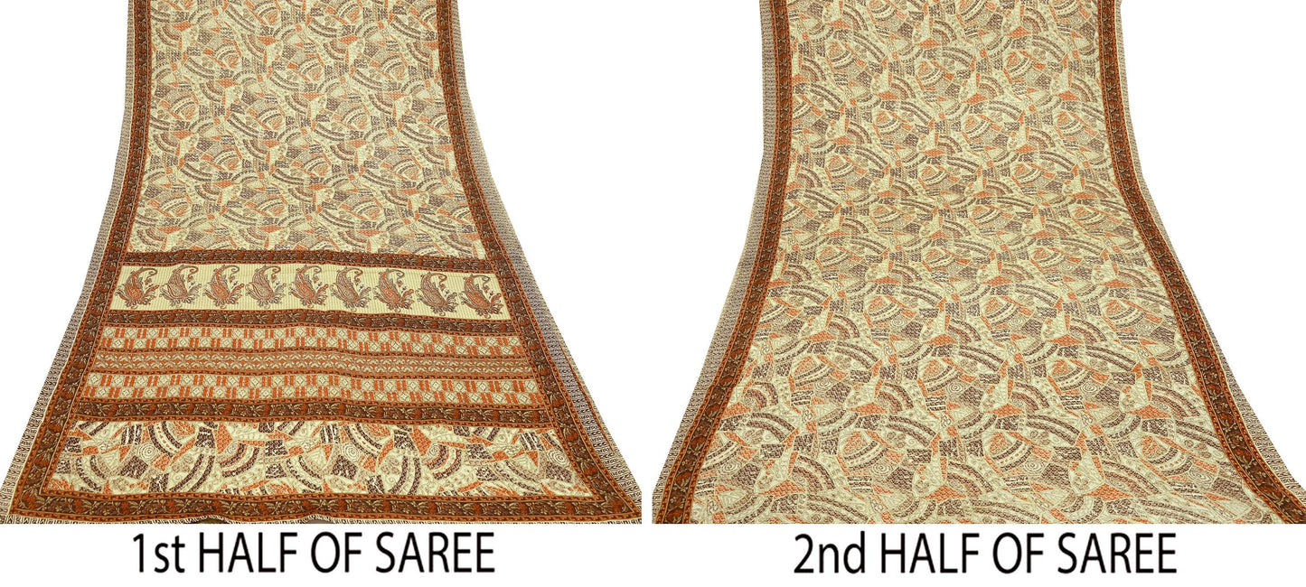 Indian Vintage Sari Brown & Beige 100% Pure Silk Printed Saree 6yd Sewing Craft Fabric DressMaking Wrap Abstract For Crafting Quilting
