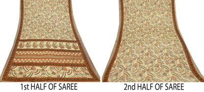 Indian Vintage Sari Brown & Beige 100% Pure Silk Printed Saree 6yd Sewing Craft Fabric DressMaking Wrap Abstract For Crafting Quilting