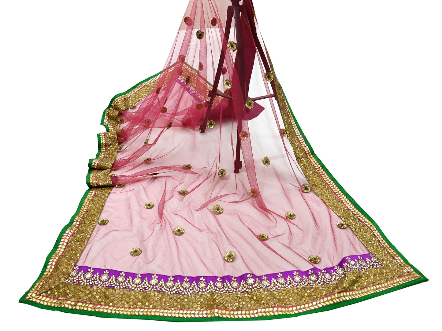Indian Heavy Wedding Dupatta Pink Net Mesh Long Stole Hand Embroidered Abu Jani Designer Scarves Zardozi Dabka Bridal Veil