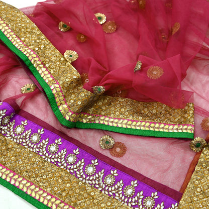 Indian Heavy Wedding Dupatta Pink Net Mesh Long Stole Hand Embroidered Abu Jani Designer Scarves Zardozi Dabka Bridal Veil