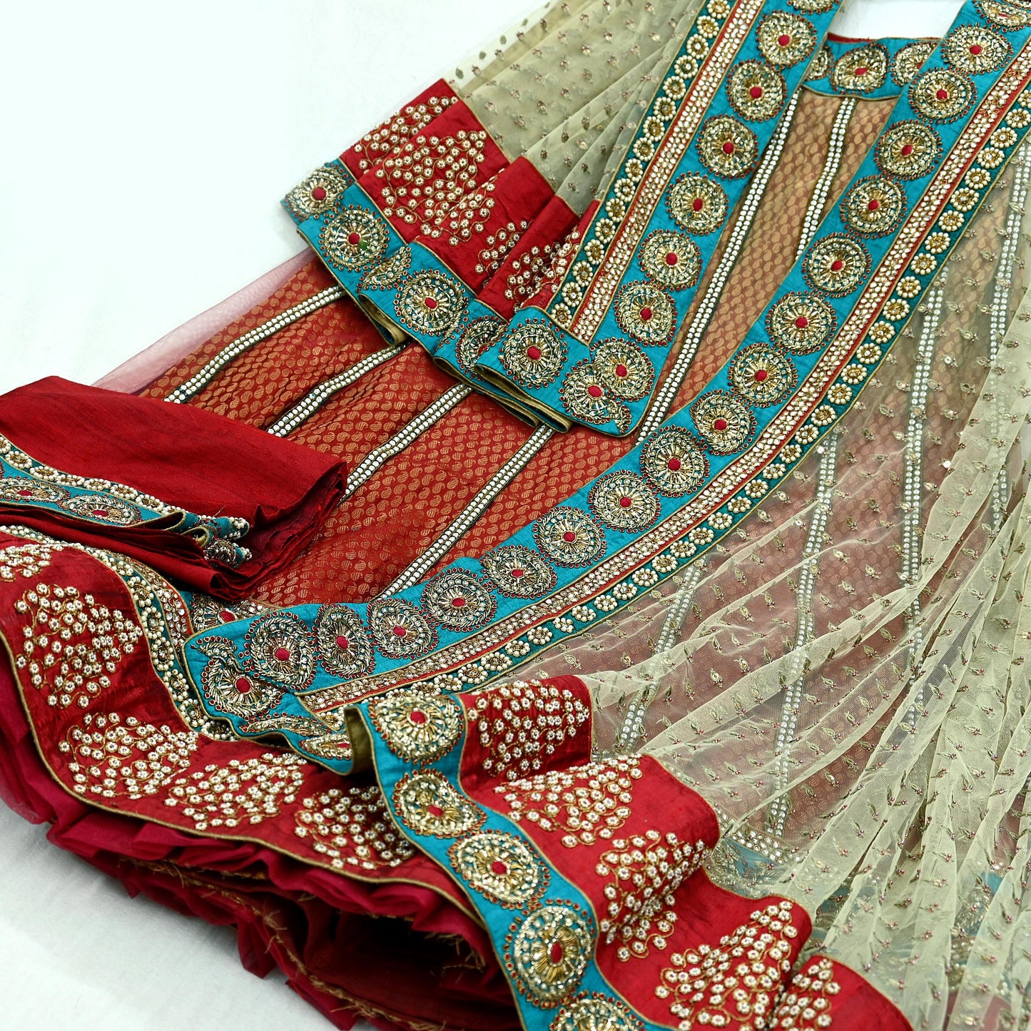 Indian Heavy Wedding Green & Maroon Net/Mesh Hand Embroidered Lehenga 3pcs Set Designer By Anamika Khanna Party Wear