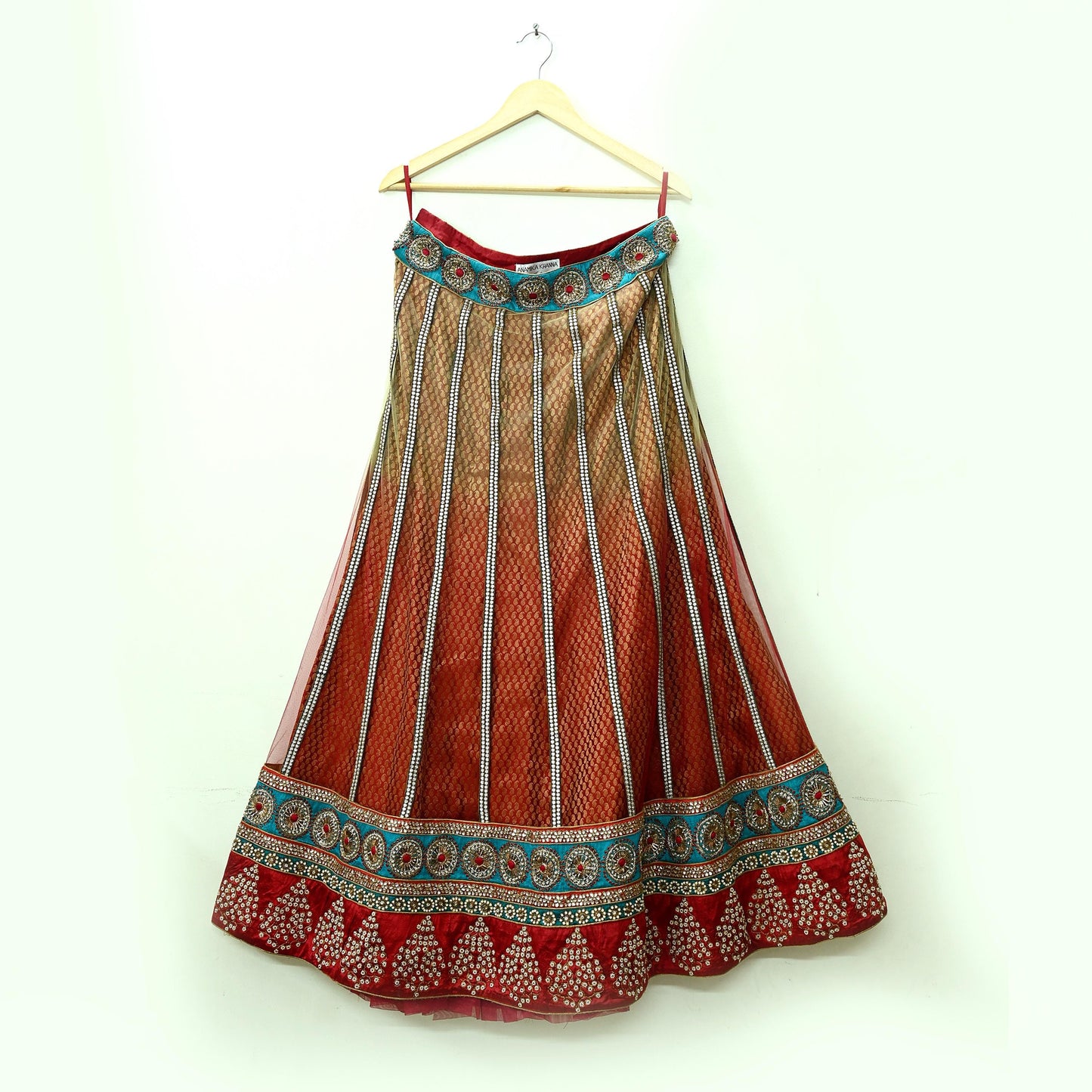 Indian Heavy Wedding red & green Net Hand Embroidered Lehenga/Skirt Designer By Anamika Khanna Bridal Wear Zardozi/ Dabka Bollywood skirt