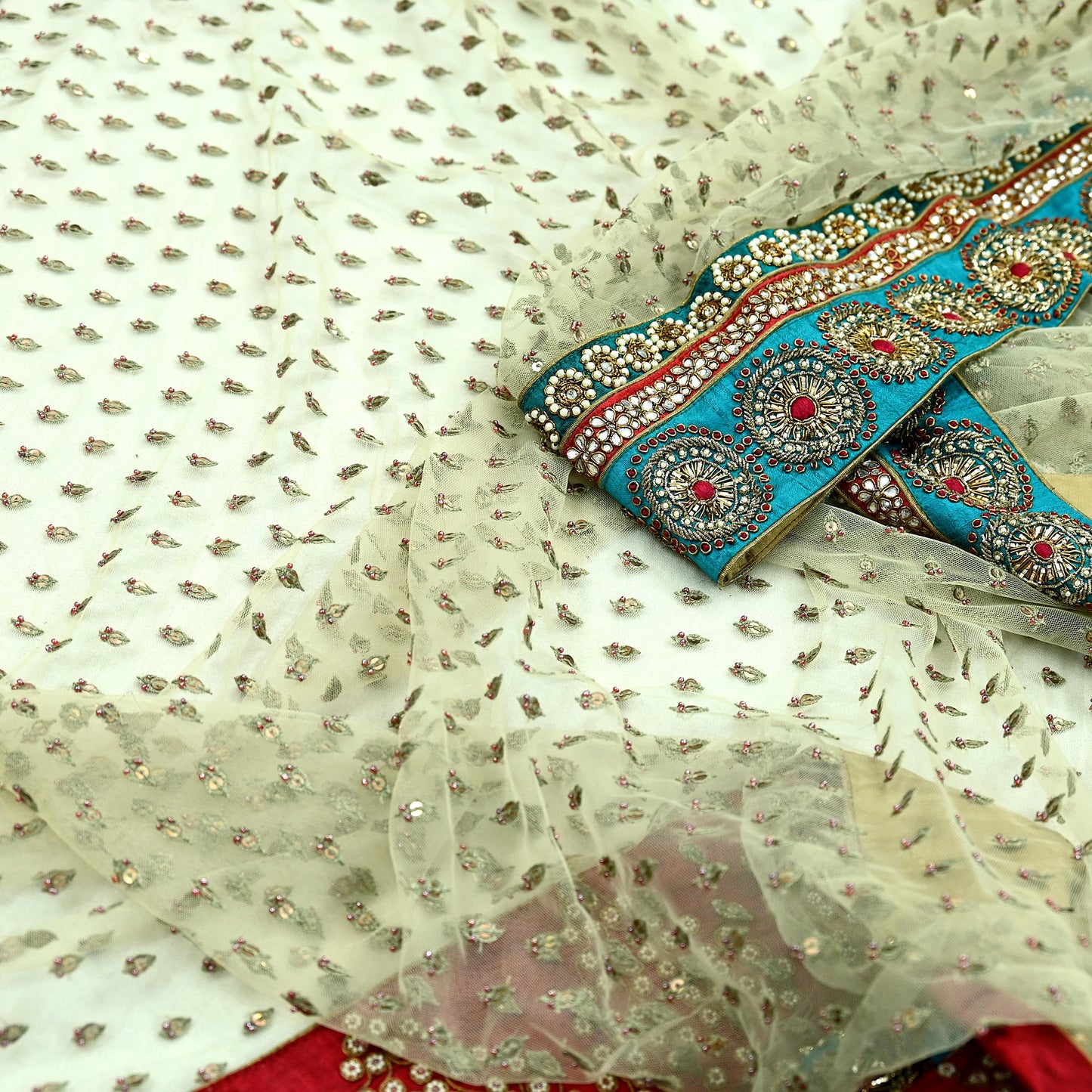 Indian Vintage Heavy Wedding Green Net/Mesh/Velvet Hand Embroidered Dupatta Designer By Anamika Khanna Bridal Wear Dabka Zardozi Veil Hijab