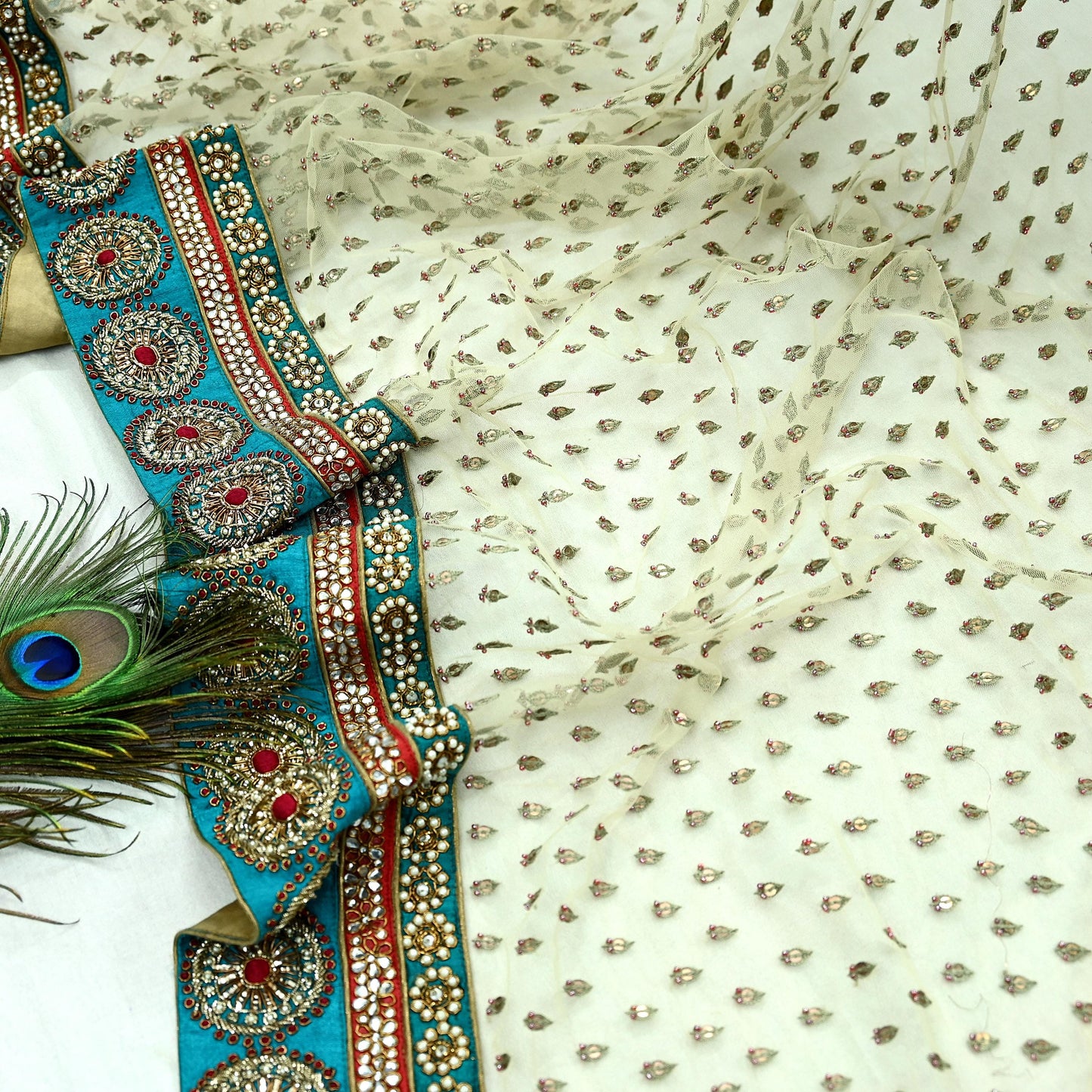 Indian Vintage Heavy Wedding Green Net/Mesh/Velvet Hand Embroidered Dupatta Designer By Anamika Khanna Bridal Wear Dabka Zardozi Veil Hijab