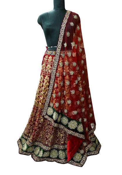 Indian Heavy Maroon Colored Pure Chanderi Silk/Net Hand Embroidered Lehenga 2pcs Set By Designer Sabyasachi Bridal Wear
