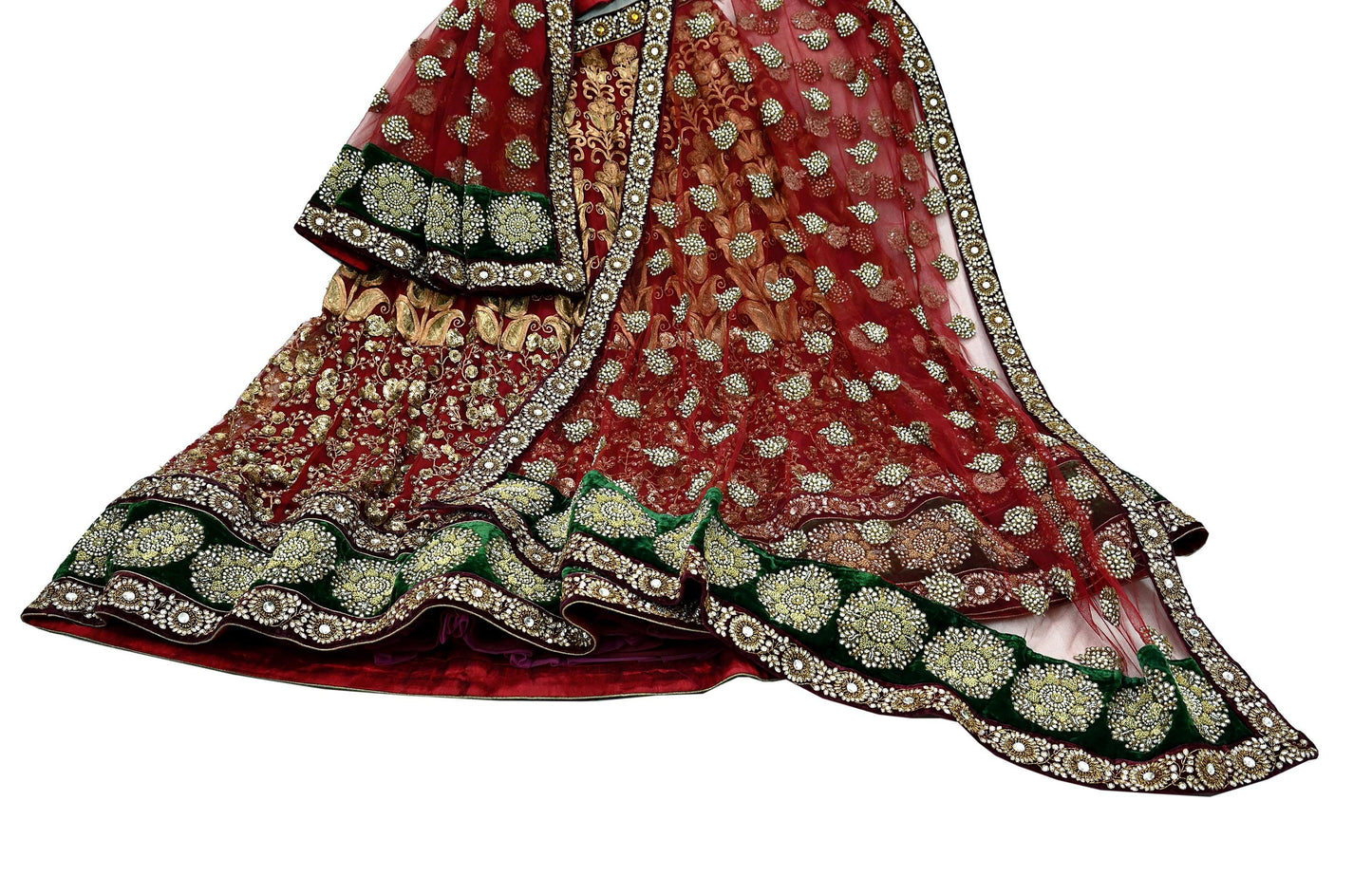 Indian Heavy Maroon Colored Pure Chanderi Silk/Net Hand Embroidered Lehenga 2pcs Set By Designer Sabyasachi Bridal Wear
