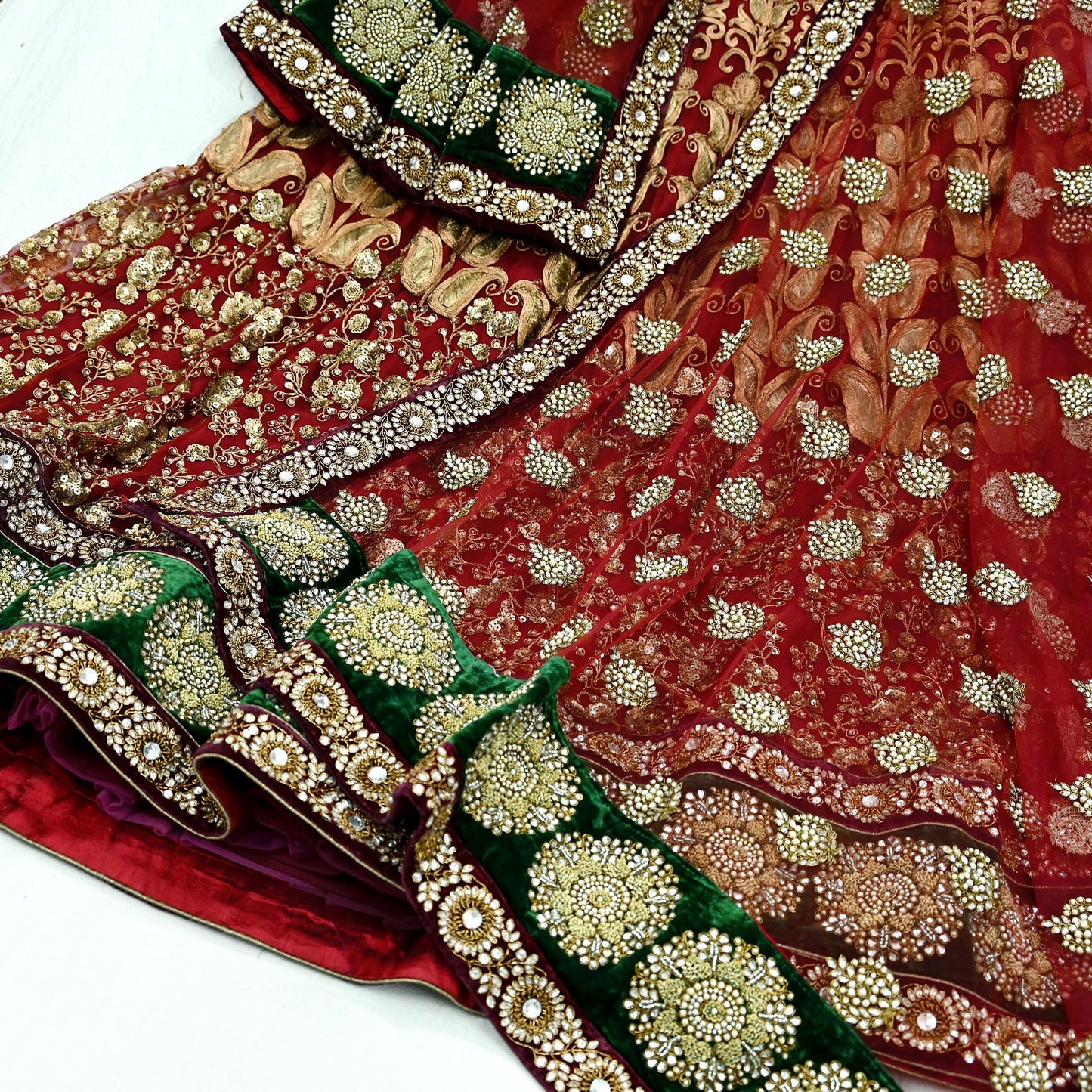 Indian Heavy Maroon Colored Pure Chanderi Silk/Net Hand Embroidered Lehenga 2pcs Set By Designer Sabyasachi Bridal Wear
