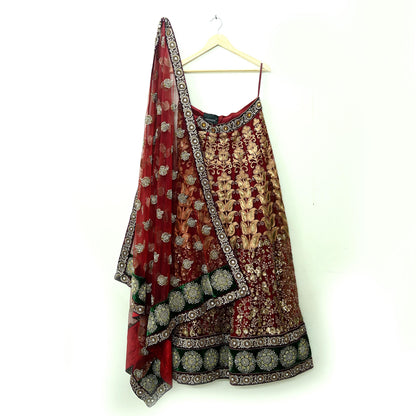 Indian Heavy Maroon Colored Pure Chanderi Silk/Net Hand Embroidered Lehenga 2pcs Set By Designer Sabyasachi Bridal Wear