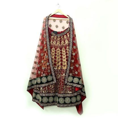 Indian Heavy Maroon Colored Pure Chanderi Silk/Net Hand Embroidered Lehenga 2pcs Set By Designer Sabyasachi Bridal Wear