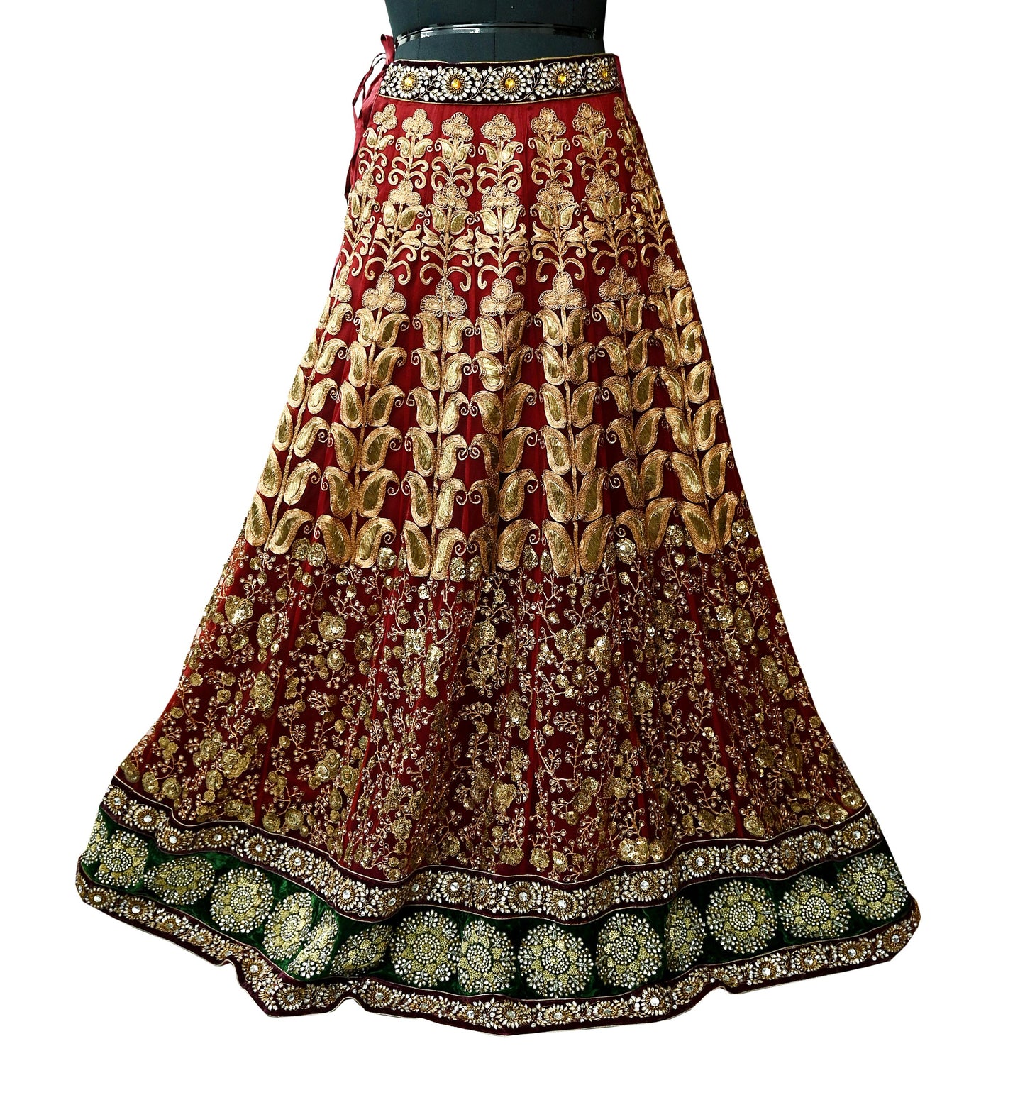 Indian Vintage Heavy maroon Net/Mesh Hand Embroidered Lehenga Skirt By Designer Sabyasachi Bridal Wear Dabka/ Zardozi