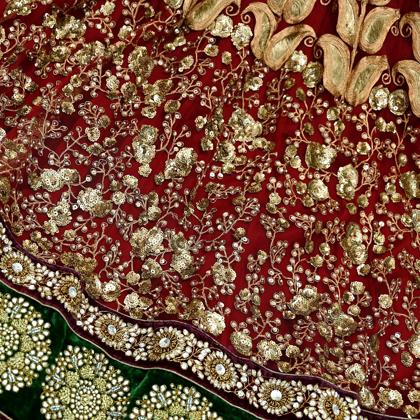 Indian Vintage Heavy maroon Net/Mesh Hand Embroidered Lehenga Skirt By Designer Sabyasachi Bridal Wear Dabka/ Zardozi