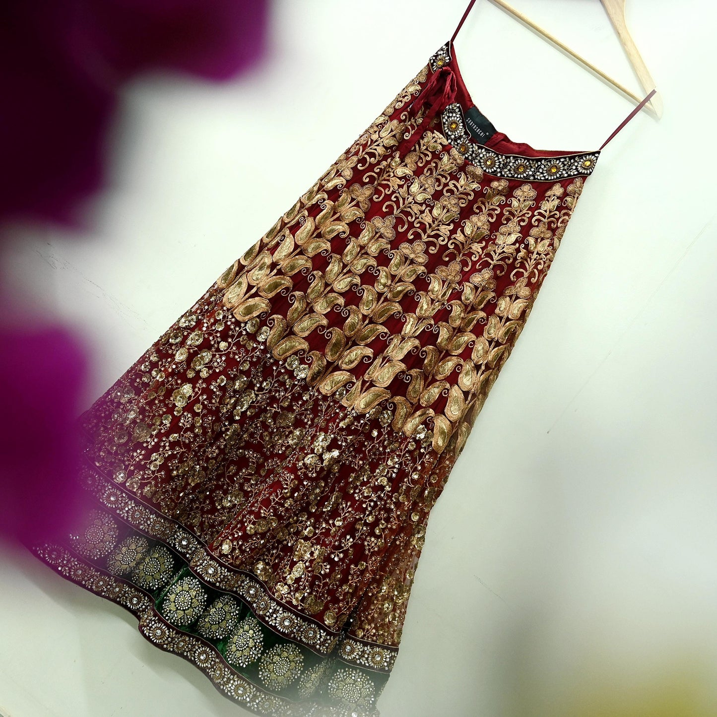 Indian Vintage Heavy maroon Net/Mesh Hand Embroidered Lehenga Skirt By Designer Sabyasachi Bridal Wear Dabka/ Zardozi