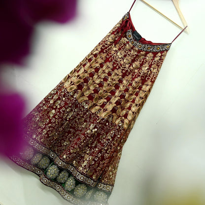Indian Vintage Heavy maroon Net/Mesh Hand Embroidered Lehenga Skirt By Designer Sabyasachi Bridal Wear Dabka/ Zardozi