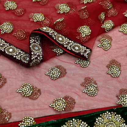 Indian Vintage Heavy Wedding Dupatta Maroon Net Long Stole Hand Embroidered By Designer Sabyasachi Scarves Zardozi Bridal Veil