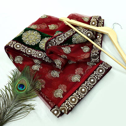 Indian Vintage Heavy Wedding Dupatta Maroon Net Long Stole Hand Embroidered By Designer Sabyasachi Scarves Zardozi Bridal Veil