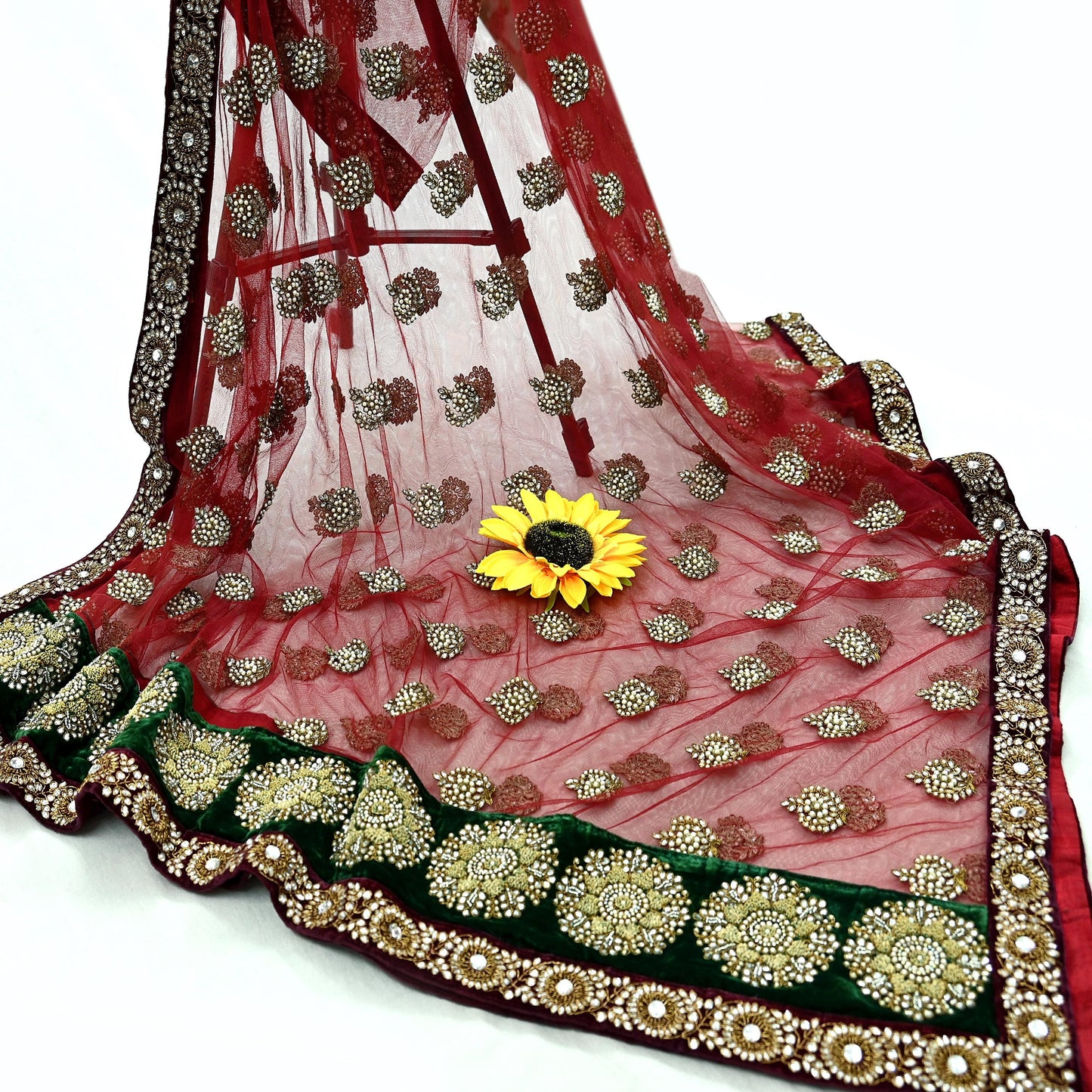 Indian Vintage Heavy Wedding Dupatta Maroon Net Long Stole Hand Embroidered By Designer Sabyasachi Scarves Zardozi Bridal Veil