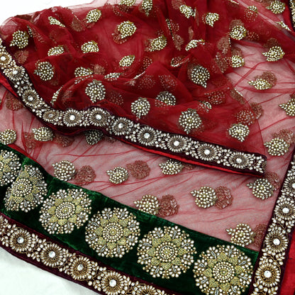Indian Vintage Heavy Wedding Dupatta Maroon Net Long Stole Hand Embroidered By Designer Sabyasachi Scarves Zardozi Bridal Veil