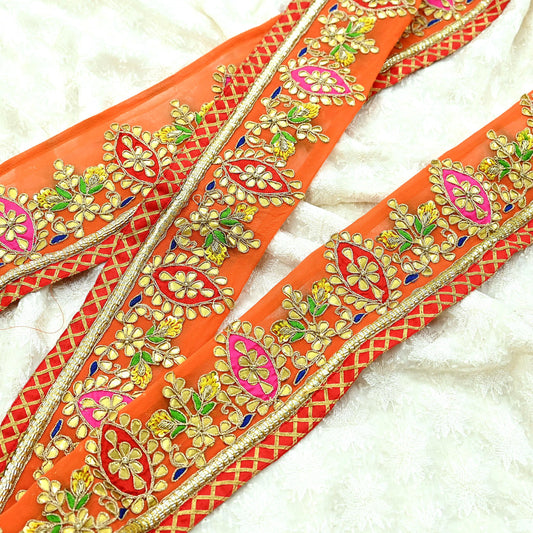 Indian Vintage Orange Border Hand Embroidered 1Yd Gota Patti Craft Trim Lace Sewing Sari Ribbon Zardozi/Dabka Zari Decor Gift Wrapped