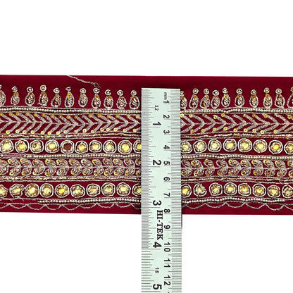 Indian Vintage Maroon Sari Border Hand Embroidered Craft Trim Lace Sewing Sari Ribbon Pure Crepe silk Zardozi Zari Dress Making Upcycle