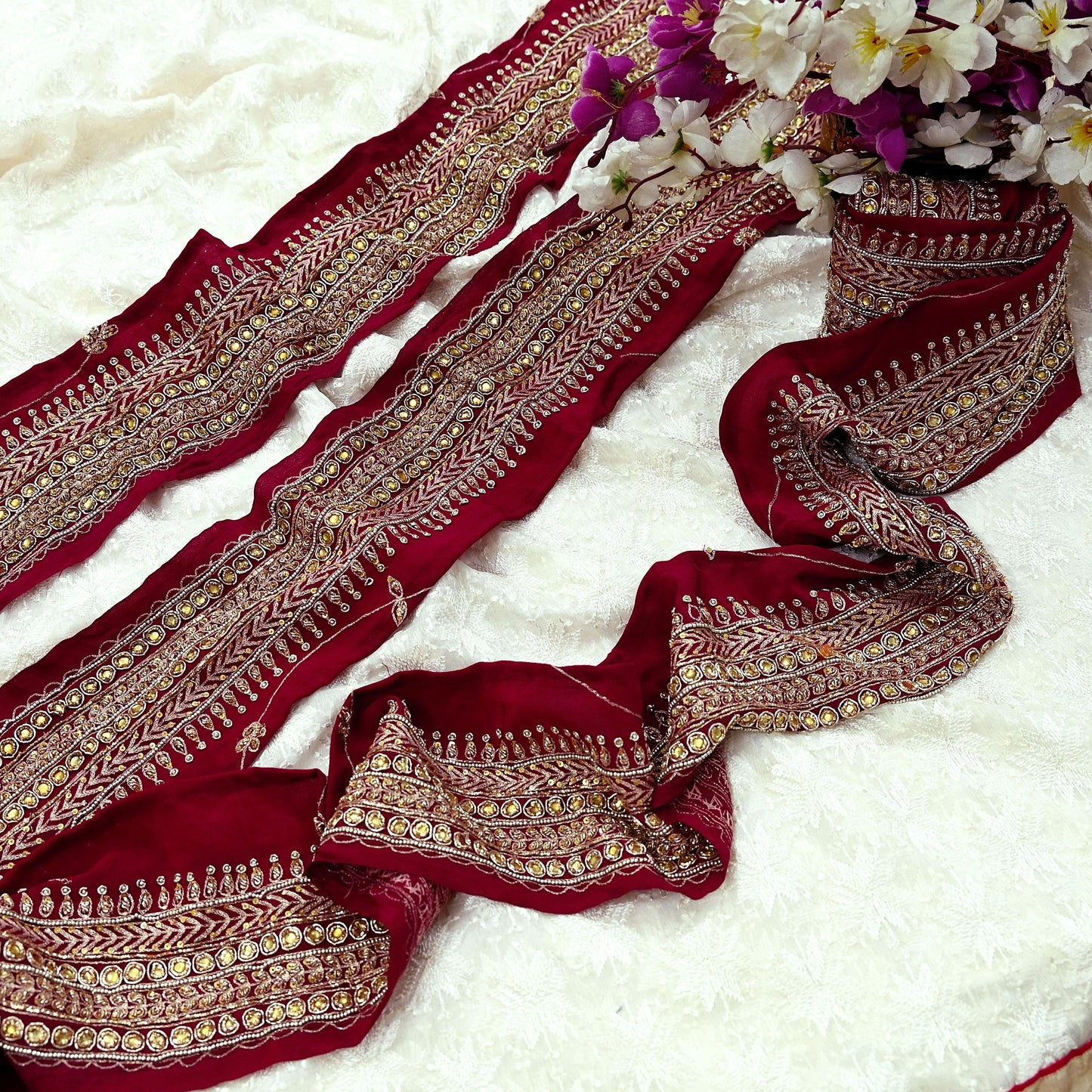 Indian Vintage Maroon Sari Border Hand Embroidered Craft Trim Lace Sewing Sari Ribbon Pure Crepe silk Zardozi Zari Dress Making Upcycle